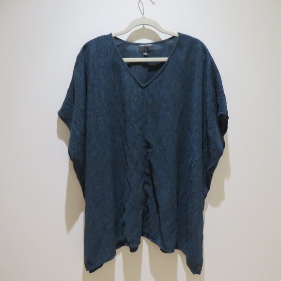 EILEEN FISHER V-Neck Boxy Plisse Tunic Top Green Tencel Lagenlook Minimalist - Picture 2 of 15